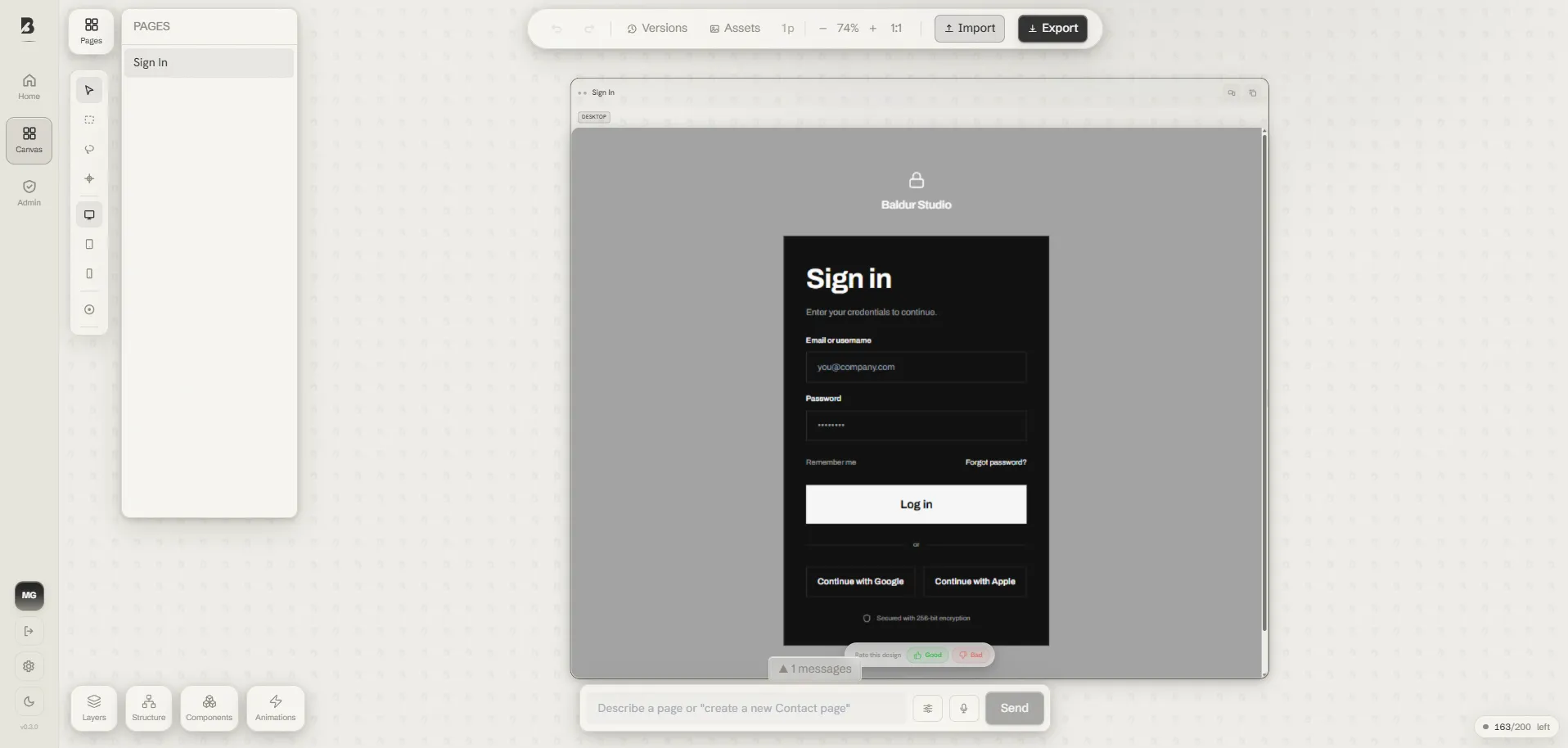 Baldur Studio canvas showing a generated Sign In screen, every element live and editable, with the prompt bar aimed at the design
